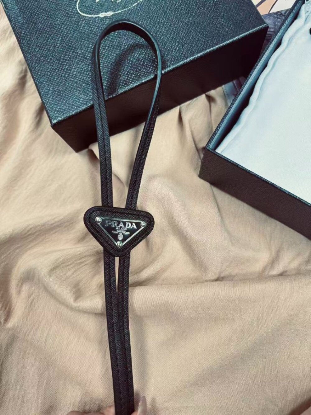 New PRADA Saffiano Leather Bolo Tie🖤 Black | Triangle Logo | Gift Box ✨ - Picture 3 of 8